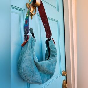 Katie Kalsi Suede Turquoise Shoulder Bag with Handpainted Strap